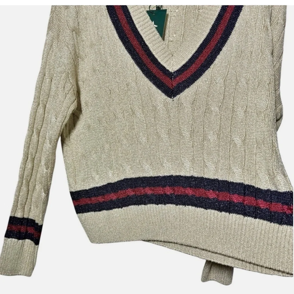 NWT TUCKERNUCK Garnet and Navy Stripe Gold Metallic Morrissey Sweater Size L - Picture 5 of 15